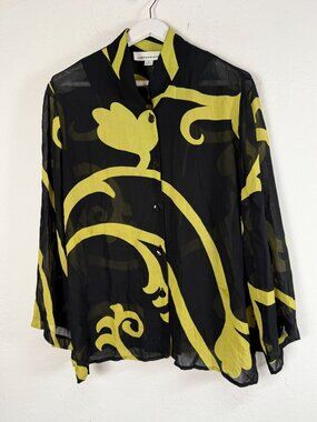 Caroline Rose Womens Sheer Button-Up Blouse Top Black Yellow Scroll Print Large